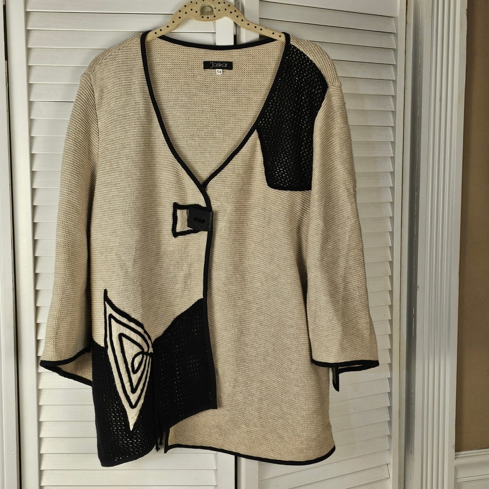 Jaskar Tan Black Asymmetrical Art To Wear Lagenlook Tunic Cardigan‎ Sweater 1X
